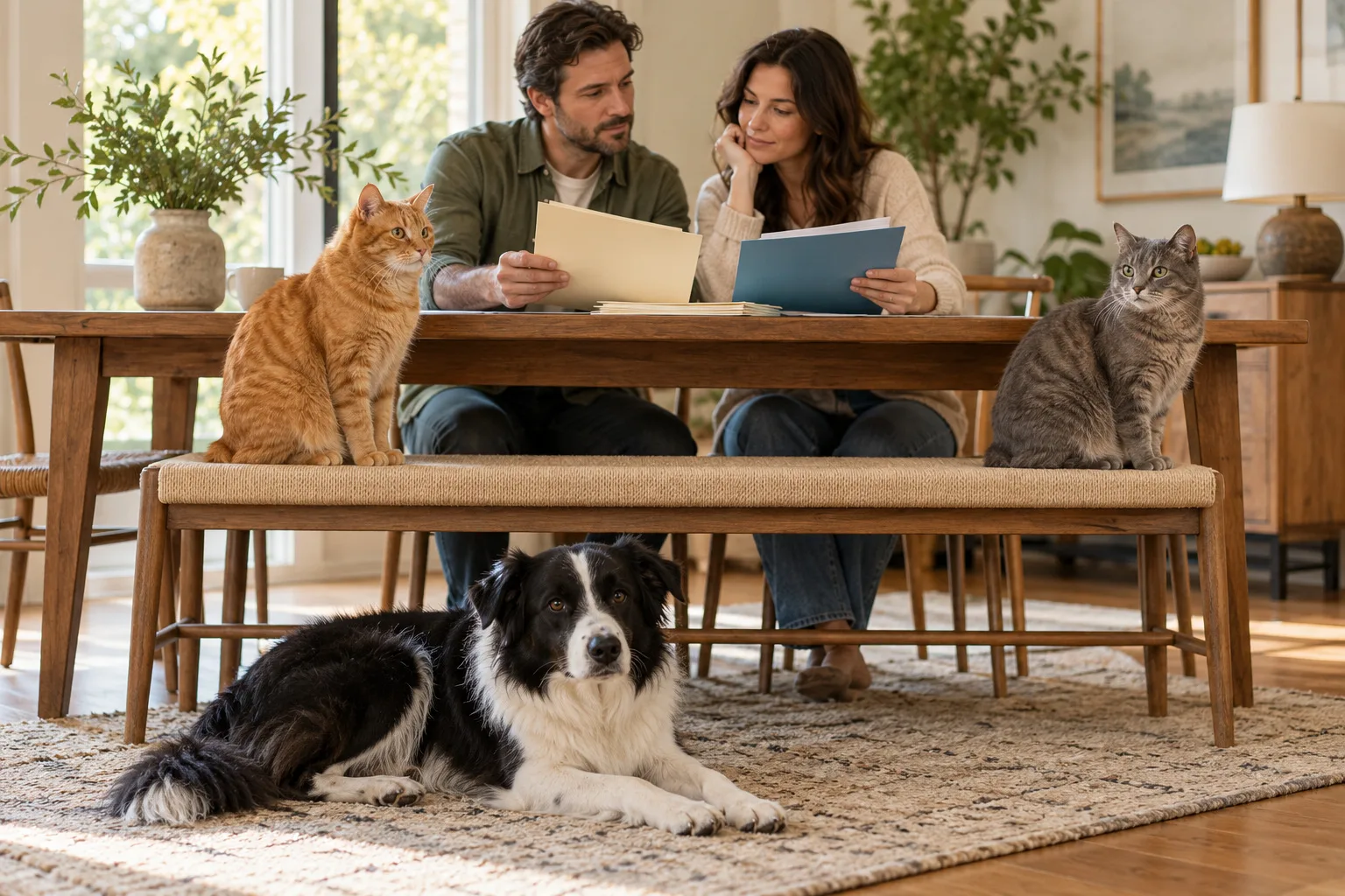 Two owners comparing documents at a table with a dog and two cats nearby